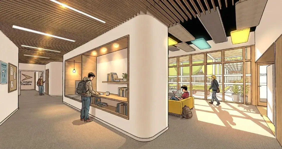 Hall d'accueil et espace de travail de la résidence