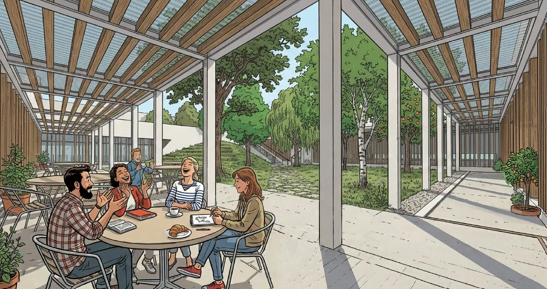 Préau et terrasse couverte de la résidence